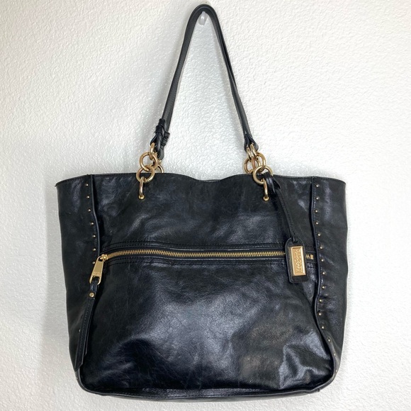 BADGLEY MISCHKA Black Tessa Shine Leather Studded Tote Handbag 17x13" - Picture 2 of 16